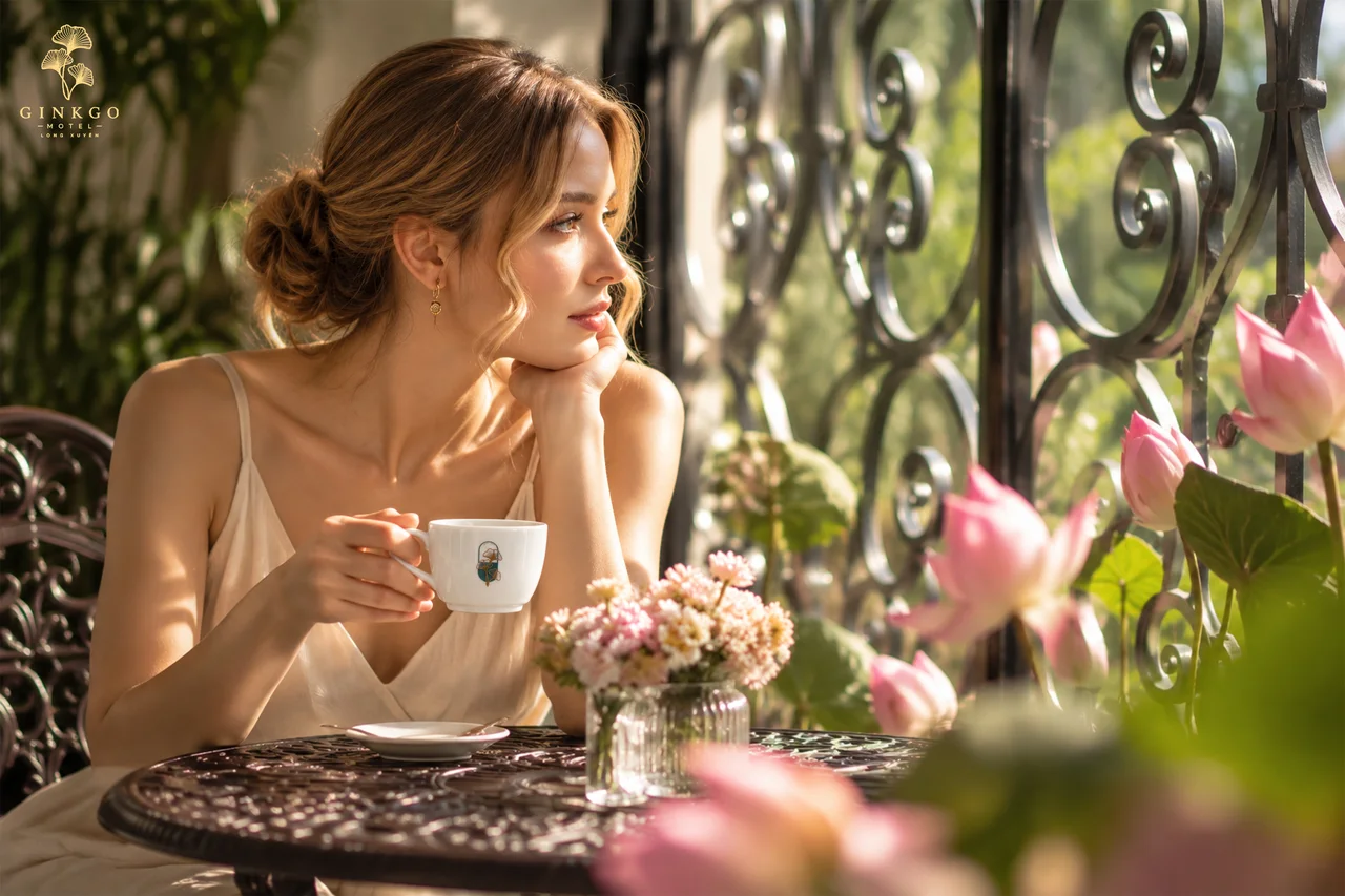 Khách thưởng trà bên ô cửa ngập nắng