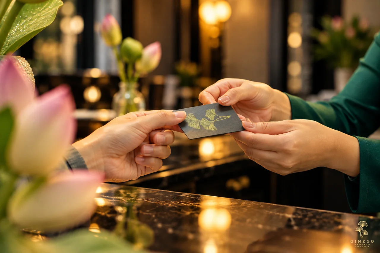 Lễ tân trao thẻ phòng cho khách