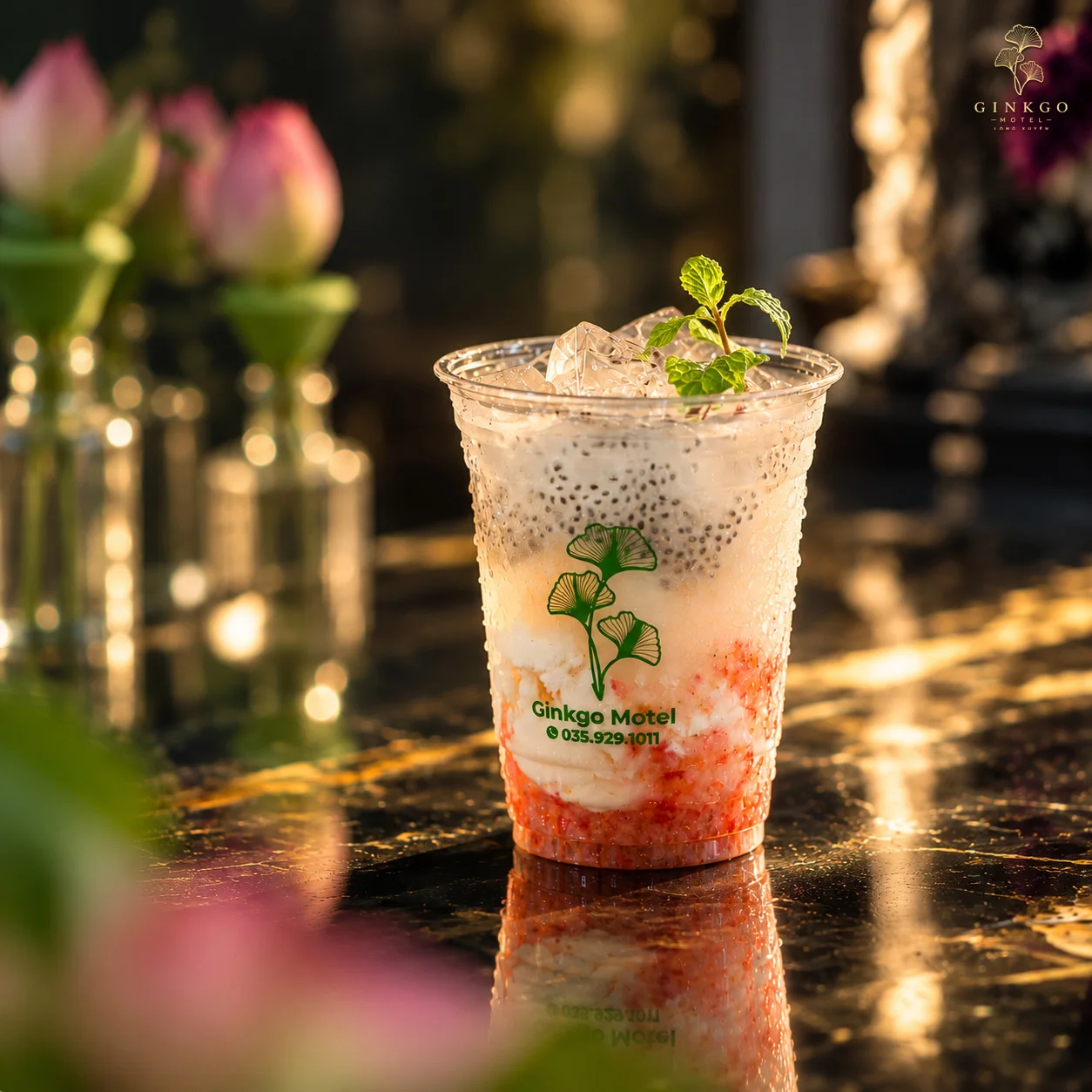Ly sữa chua dâu hạt chia in logo Ginkgo