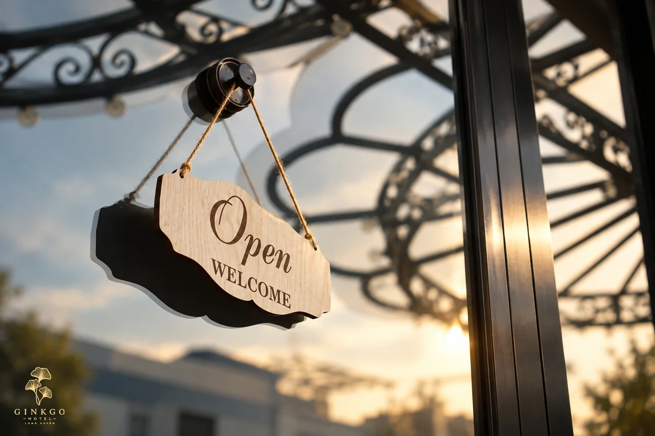 Bảng Open Welcome treo ở cửa Ginkgo