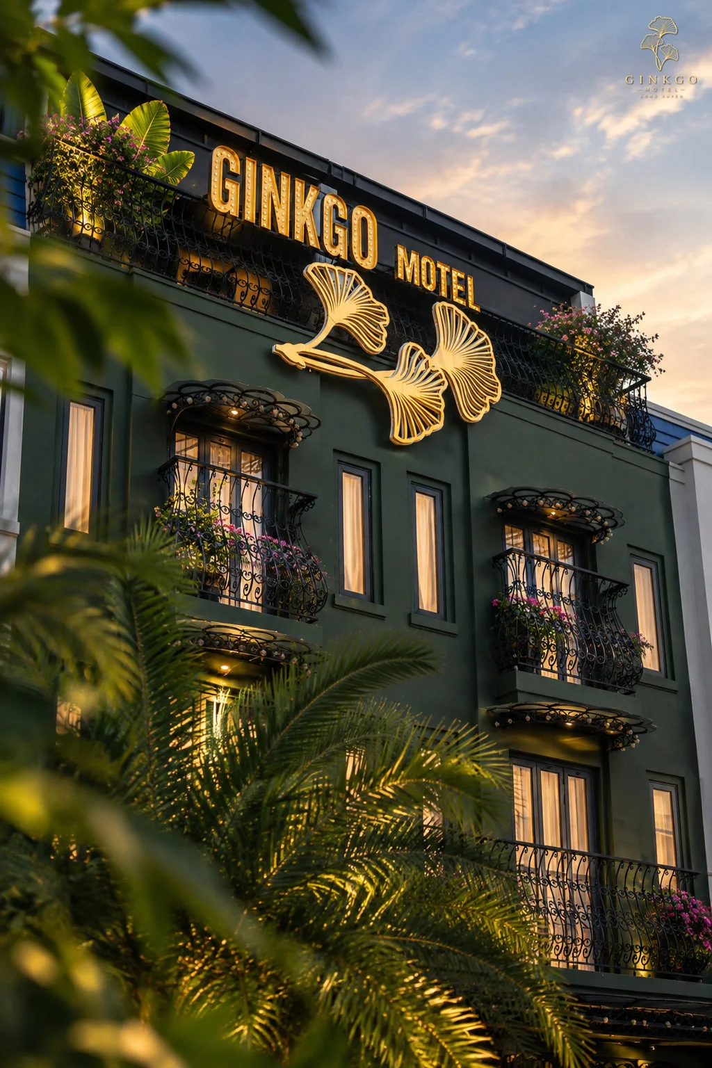 Mặt tiền Ginkgo Motel với bảng hiệu lá bạch quả