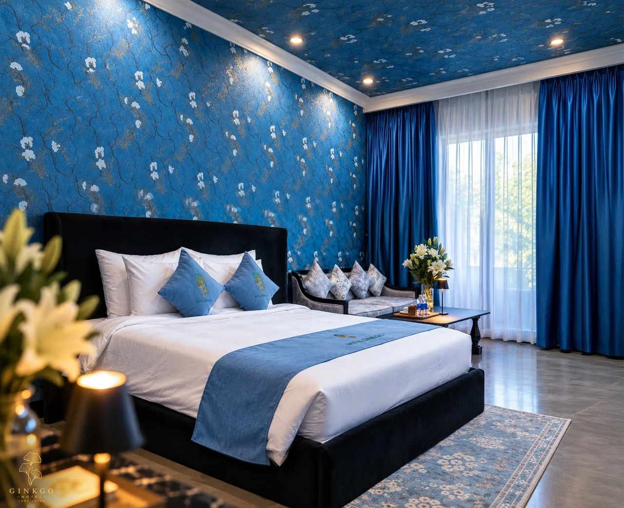 Chairman Suite với tường hoa xanh và rèm nhung