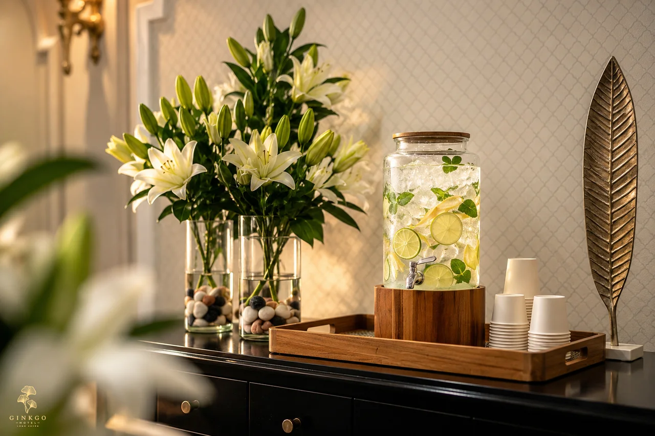 Bình nước detox và hoa ly tại sảnh