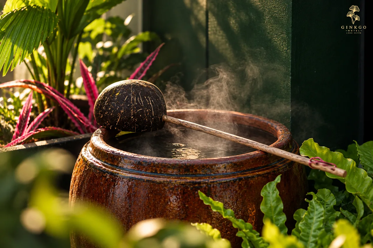 Lu nước và gáo dừa giữa cây xanh