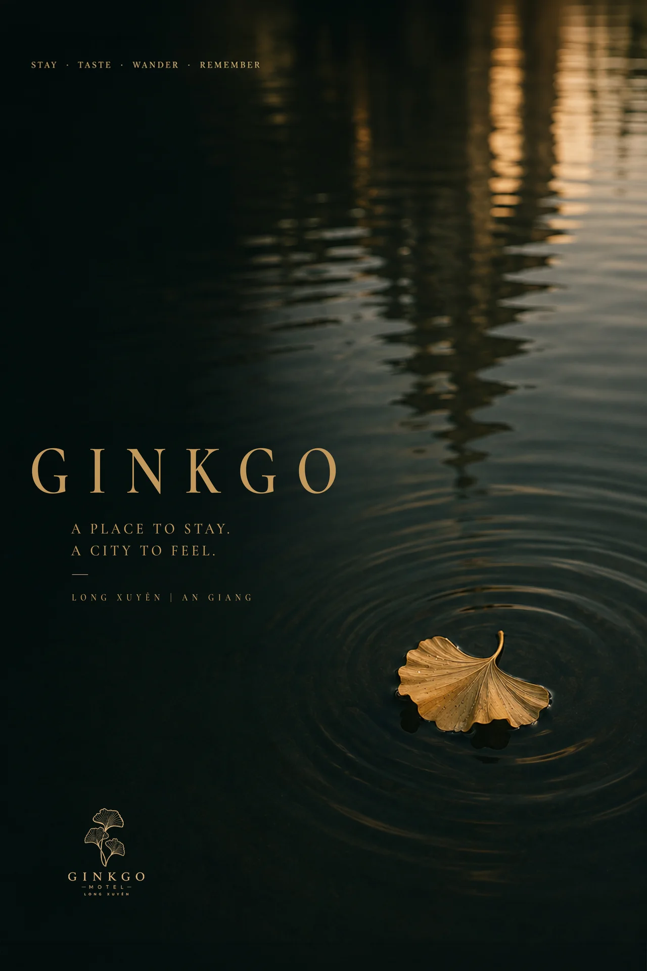 Bìa tạp chí Ginkgo: A place to stay. A city to feel. Long Xuyên, An Giang. Chiếc lá bạch quả trên mặt nước.