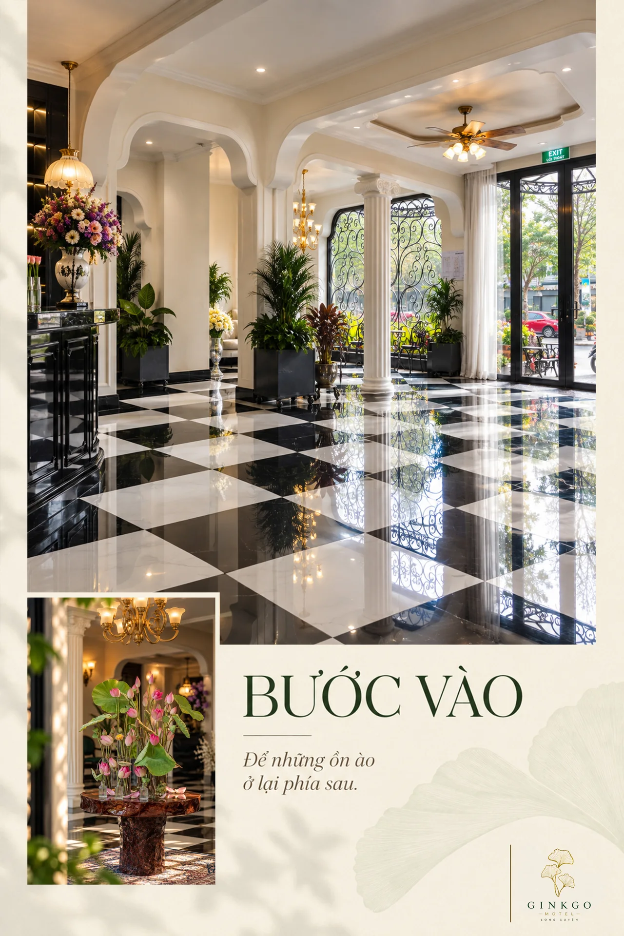 Bước vào — Để những ồn ào ở lại phía sau. Sảnh sàn caro đen trắng và bàn hoa sen.