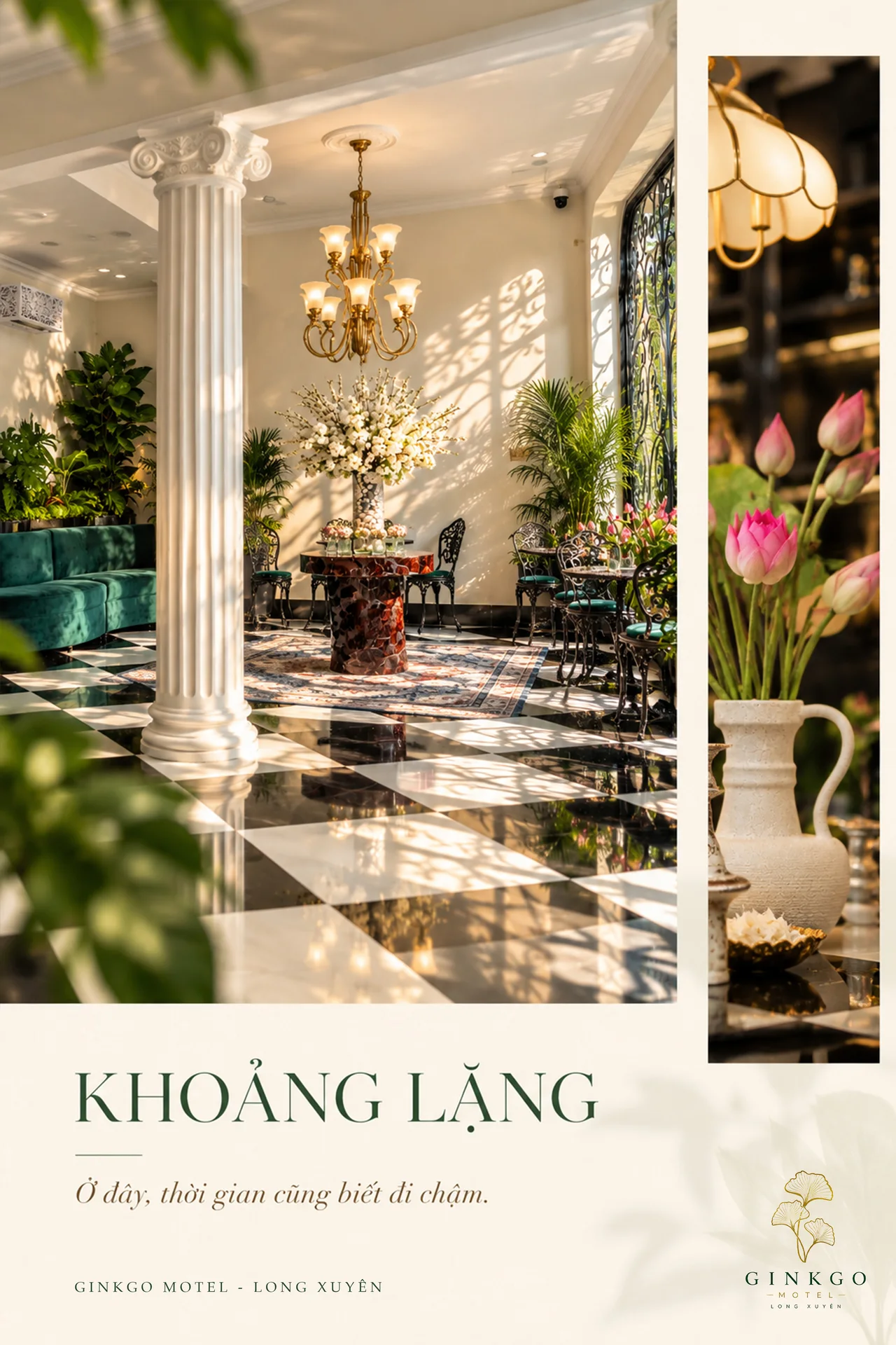 Khoảng lặng — Ở đây, thời gian cũng biết đi chậm. Sảnh cột trắng ngập nắng.
