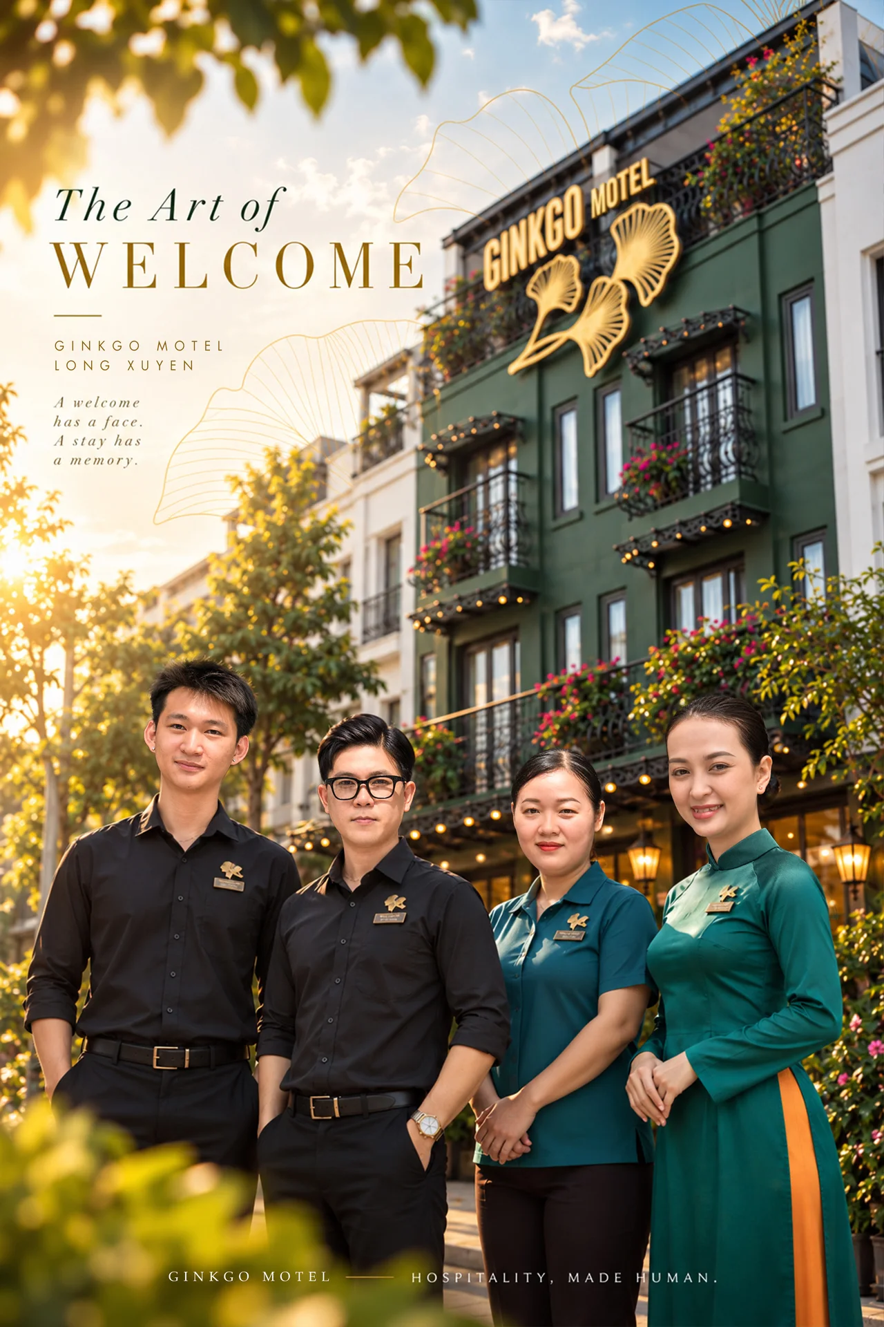 The Art of Welcome — A welcome has a face. A stay has a memory. Đội ngũ Ginkgo Motel trước mặt tiền.