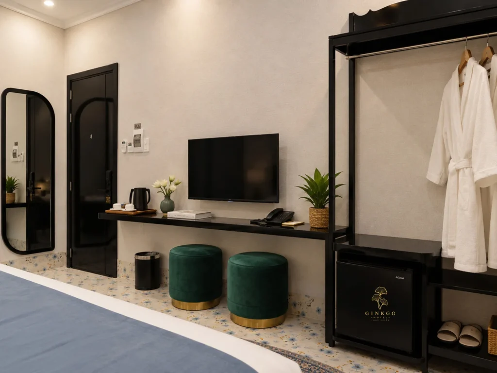 Bàn, TV và tủ treo áo trong Double Bed Room