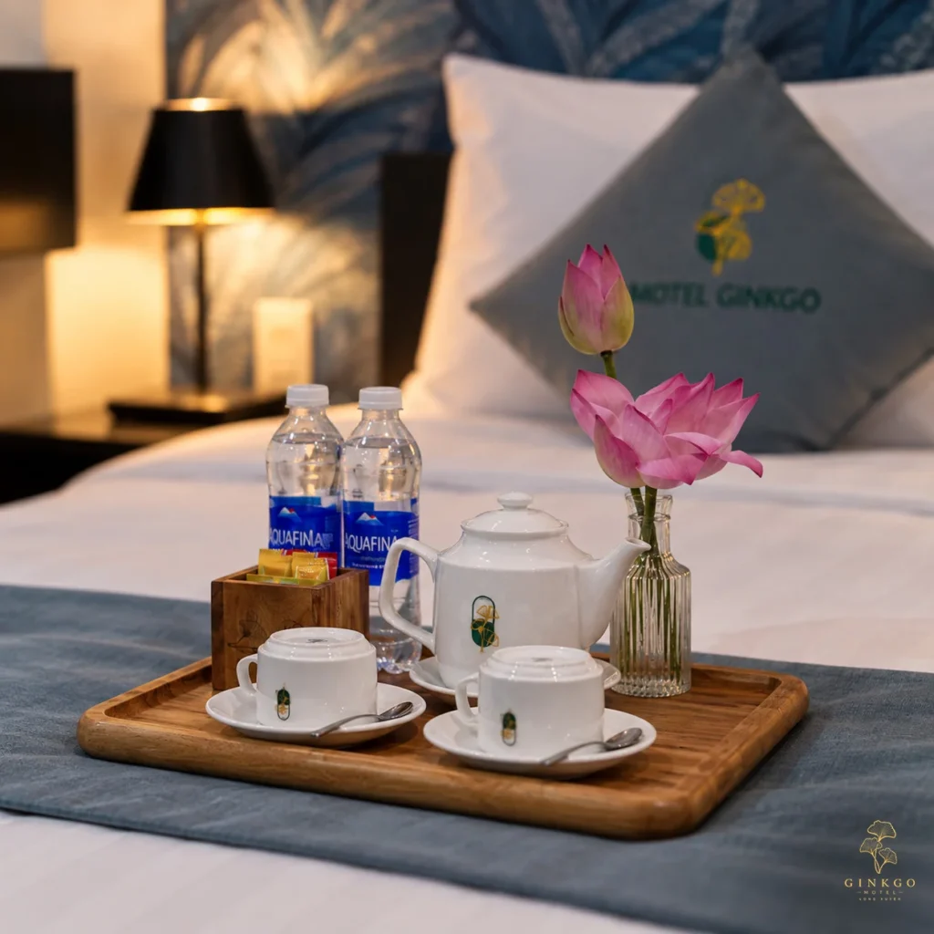 Khay trà, nước suối và hoa sen trong Family Room